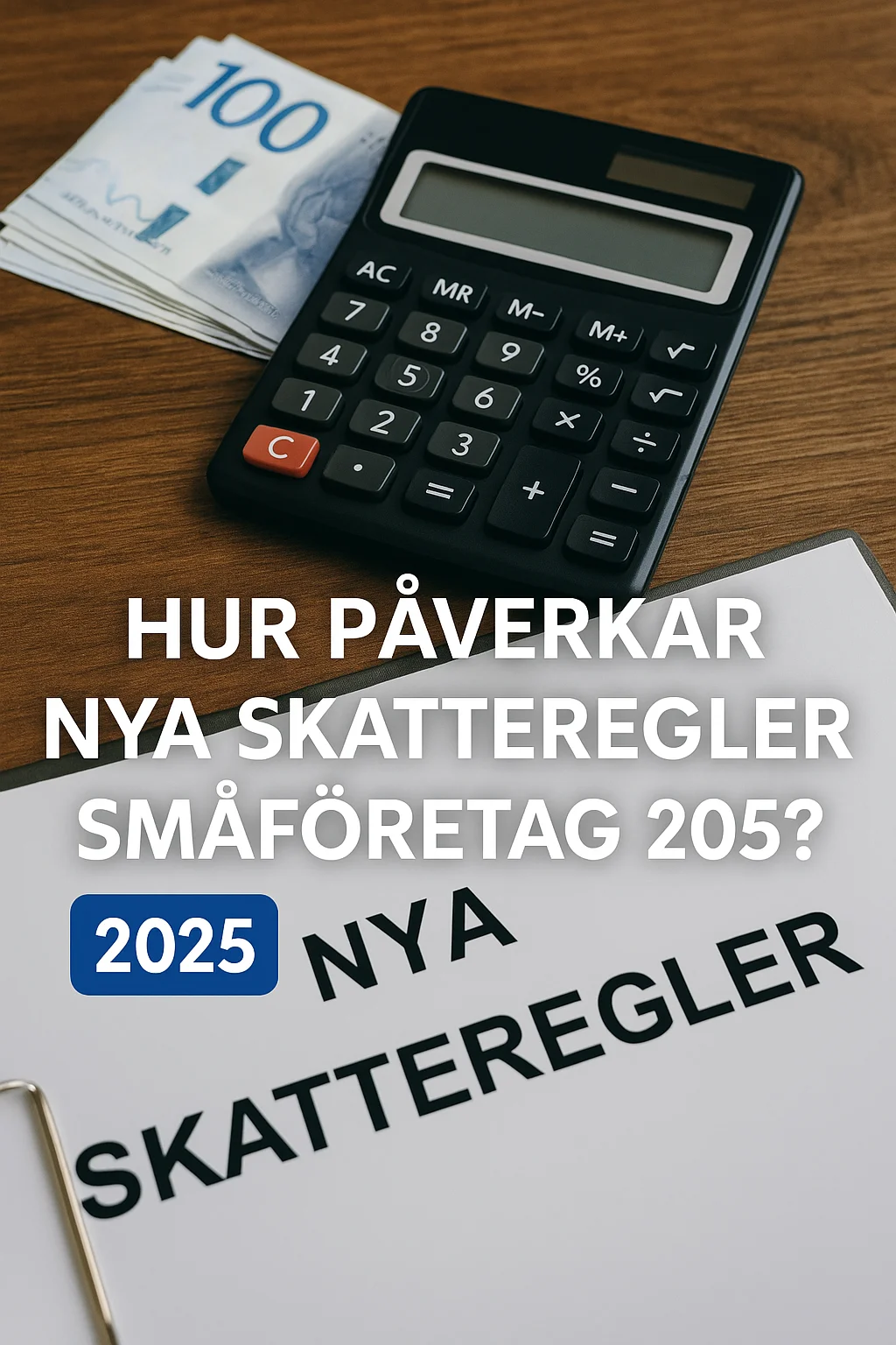 Illustration med svenska sedlar, miniräknare och en pärm med texten "Nya skatteregler", tillsammans med rubriken "Hur påverkar nya skatteregler småföretag 2025?" i tydlig vit text på träbord.